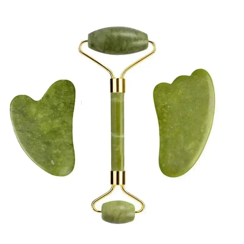 Jade facial massage roller set in mottled green stone with gold-tone fittings and two matching gua sha tools, Natural Xiuyan Jade