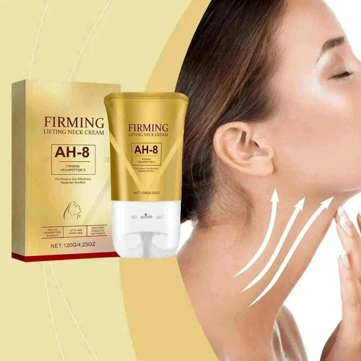neck tightening cream in a gold and white tube with matching box, shown beside a model demonstrating neck lifting application