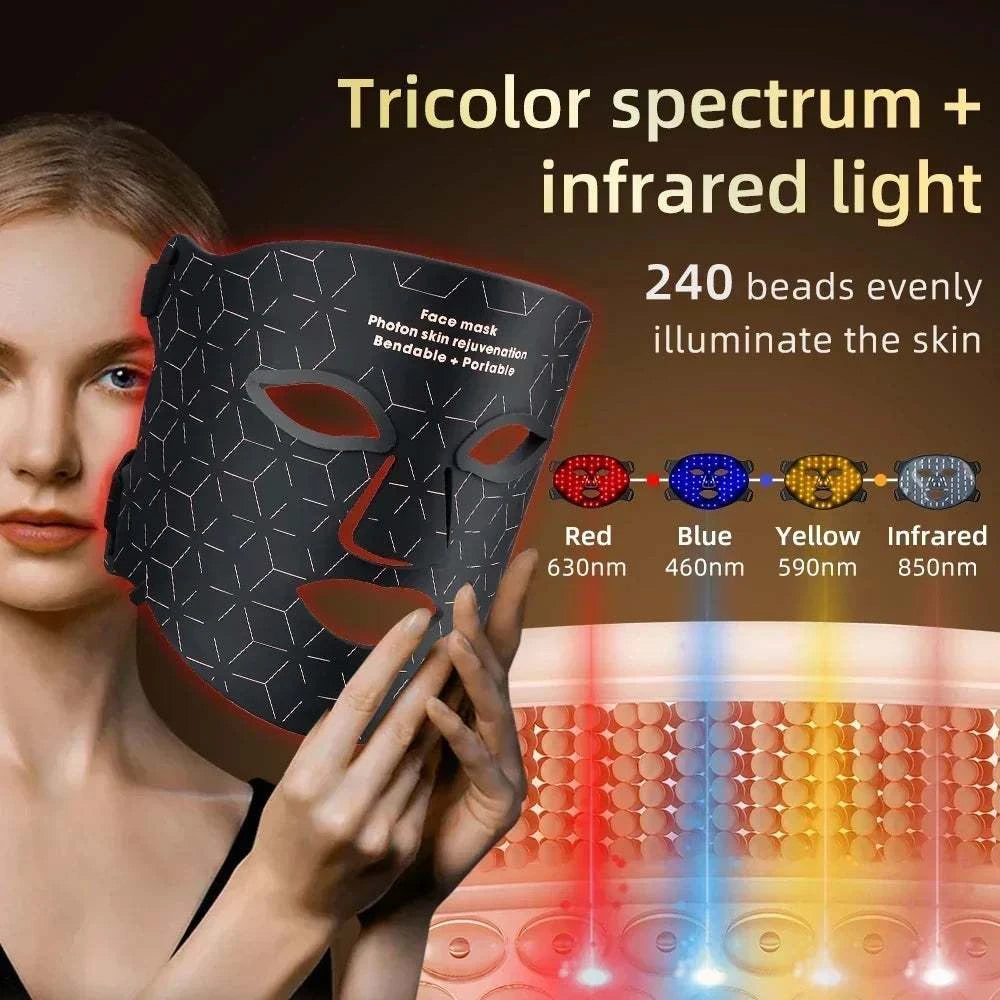 Red Light Photon Therapy black silicone face mask with geometric pattern and LED lights for skin rejuvenation and brightness