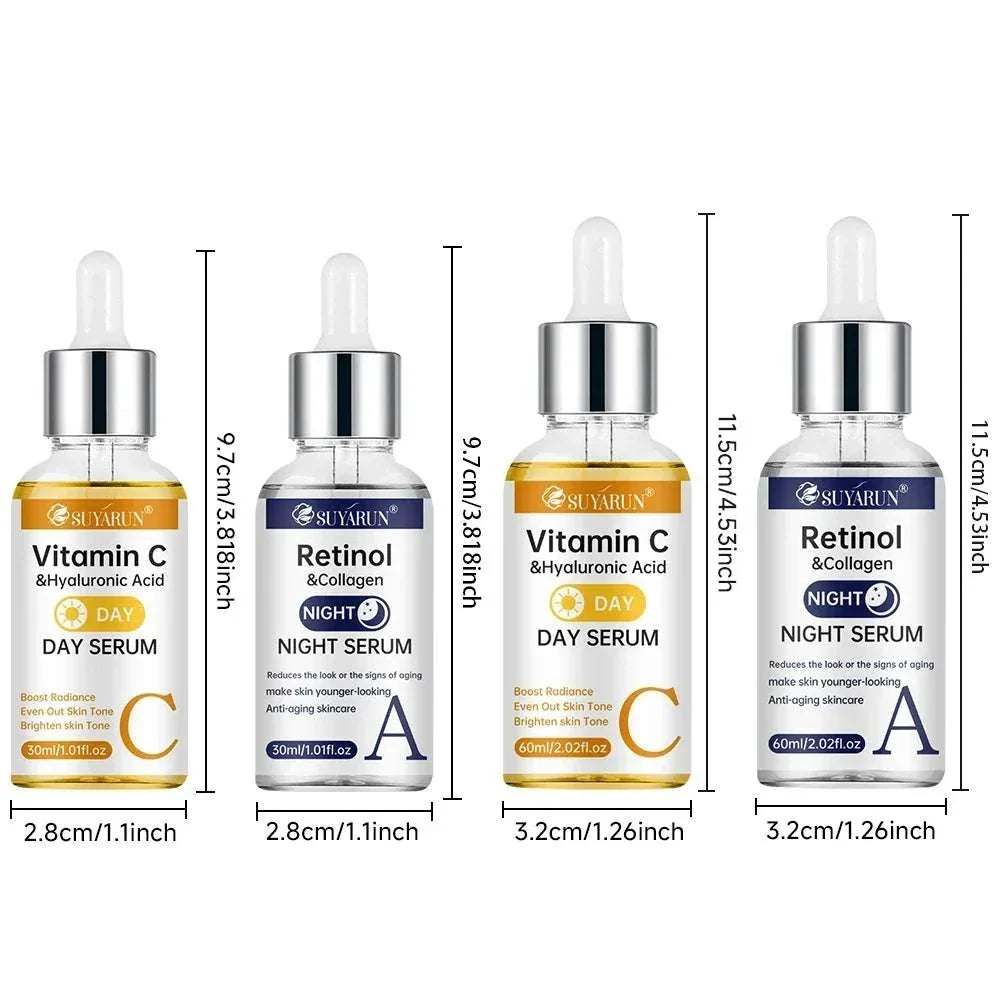 Vitamin C and retinol serum bottles with dropper caps in clear glass featuring day and night formulations, labeled with hyaluronic acid and collagen