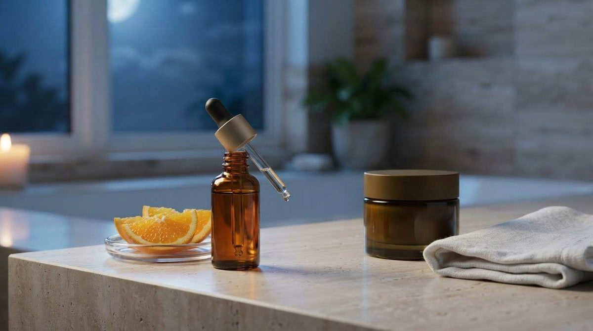 Vitamin C serum for night in an amber glass dropper bottle with a gold pipette, beside a dark skincare jar and folded towel