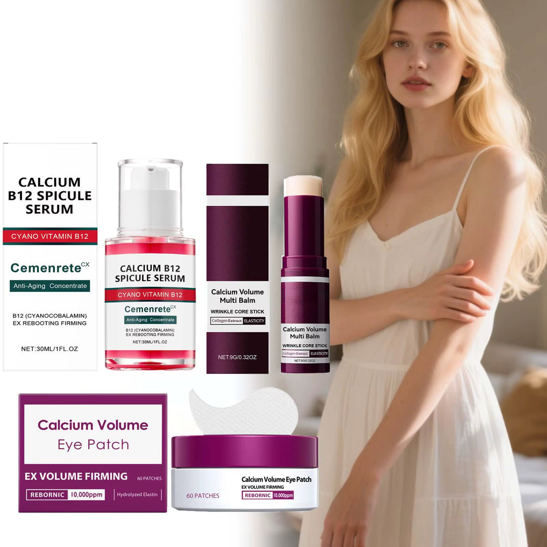 Revitalize Your Skin with the Calcium Skincare Set: Anti-Aging Serum, Eye Patches, and Multi Balm for Youthful Glow and Reduced Dark Circles