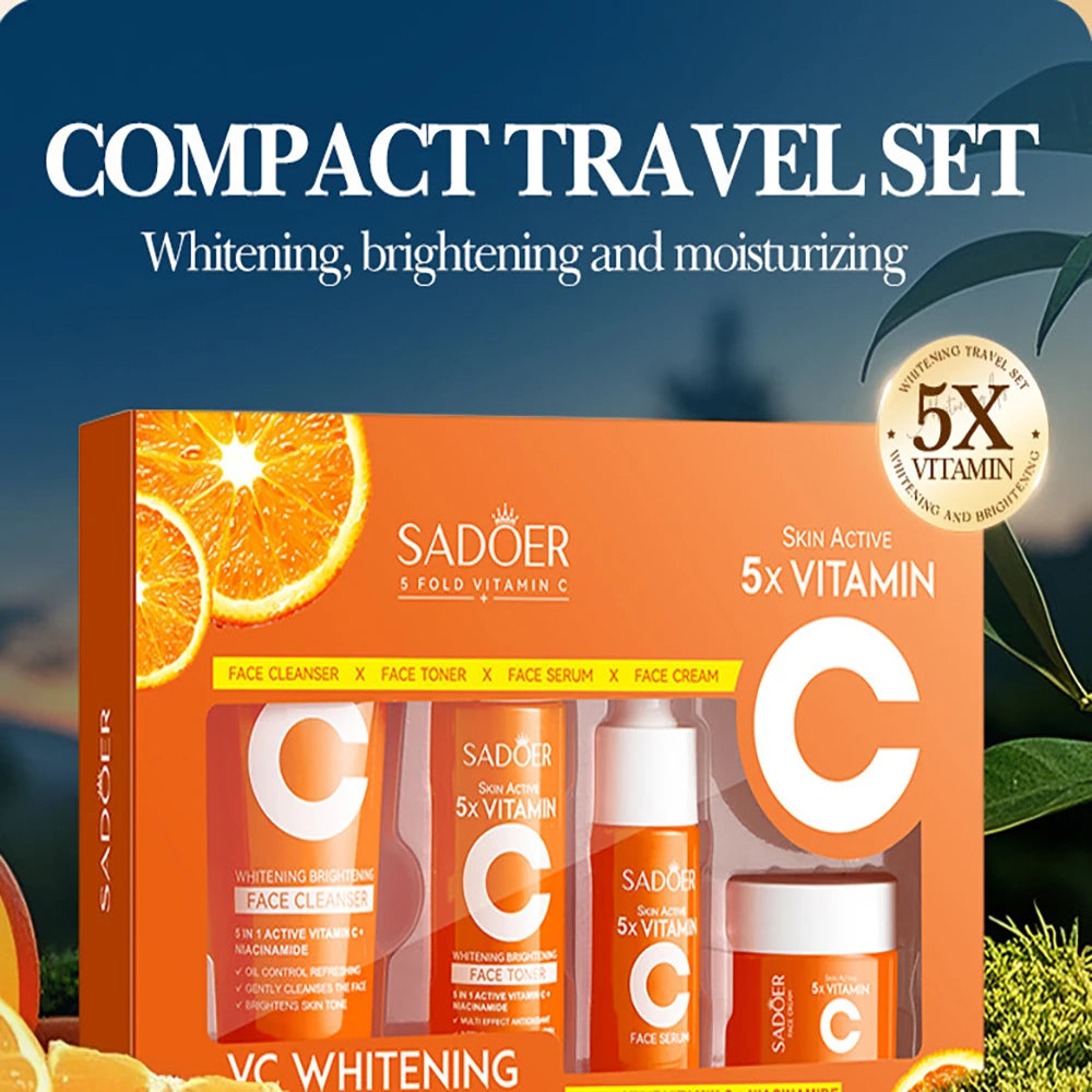 Revitalize Your Skin On-the-Go: Vitamin C Moisturizing Travel Skincare Set with Cleanser, Toner, Serum, and Face Cream