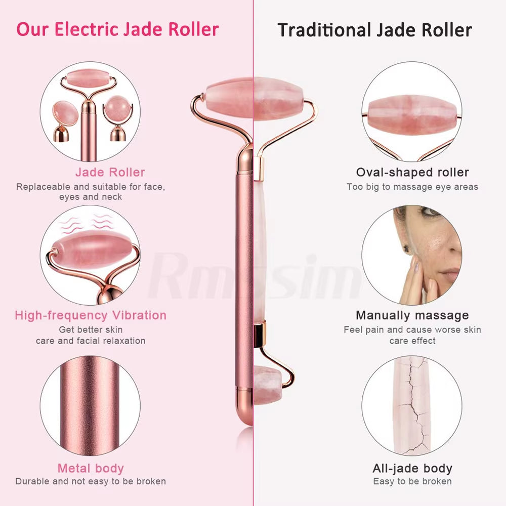 Revitalize Your Skin with the New Electric Vibrating Jade Roller Massager - Slimming Face Lifting Rose Quartz 3D Facial Tool