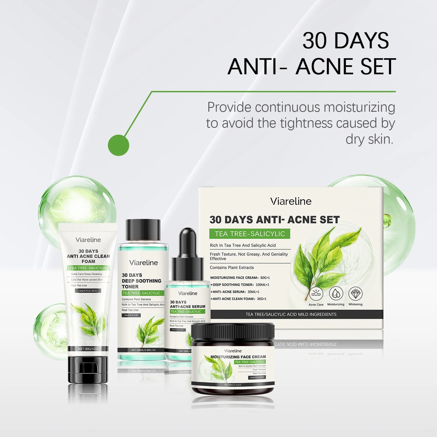 Viareline Salicylic Acid Skin Care Set Daily Moisturizing Enhance Smoothness Gentle Acne Treatment Non-greasy Skin Care Set