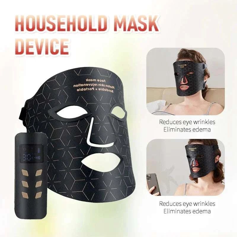 Household Face Photon Rejuvenation black facial mask with geometric pattern and handheld controller, shown worn by a model
