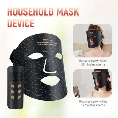 Household Face Photon Rejuvenation black facial mask with geometric pattern and handheld controller, shown worn by a model