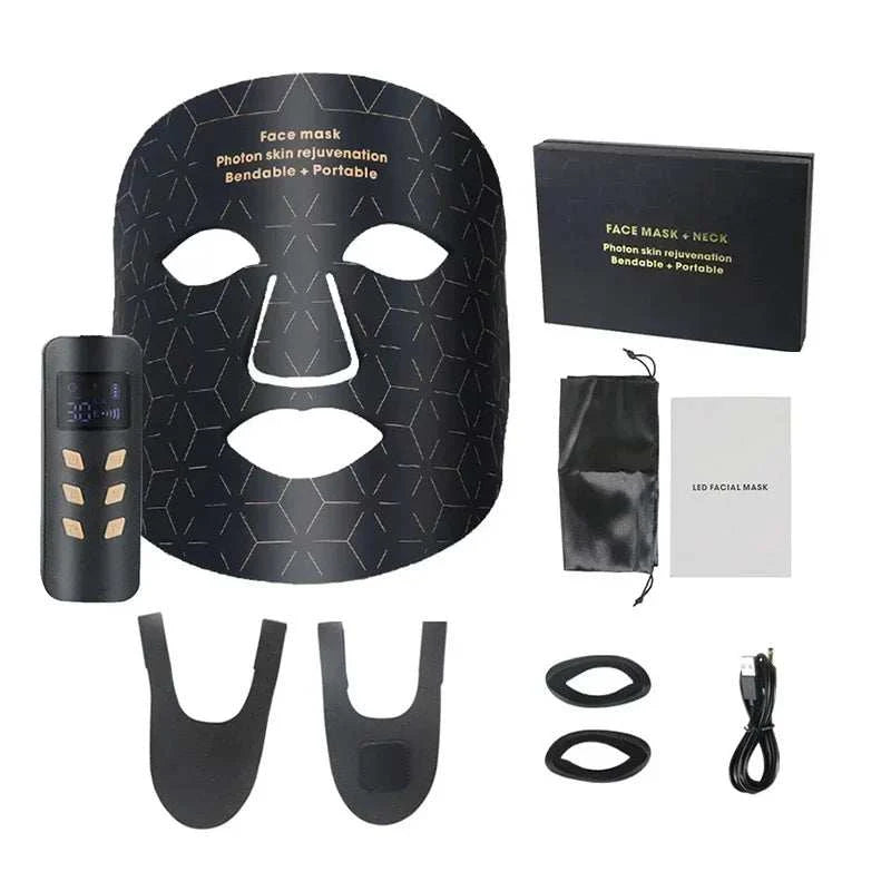 Face Photon Rejuvenation black facial mask with geometric pattern, control unit, USB cable, accessories, and instruction manual for skin therapy