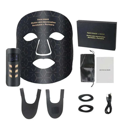 Face Photon Rejuvenation black facial mask with geometric pattern, control unit, USB cable, accessories, and instruction manual for skin therapy