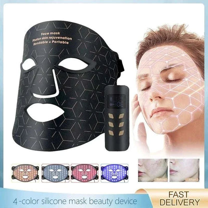 Face Photon Rejuvenation black silicone facial mask with geometric pattern and remote control alongside a woman wearing a white digital grid overlay on her face