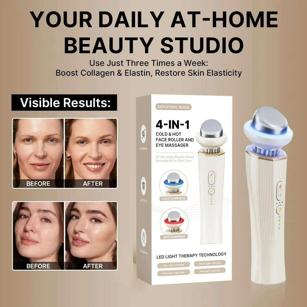 Facial Lifting Skin handheld 4-in-1 beauty device in white with LED light therapy for face and eye massage, featuring cold and hot roller functions
