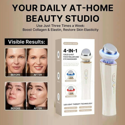 Facial Lifting Skin handheld 4-in-1 beauty device in white with LED light therapy for face and eye massage, featuring cold and hot roller functions