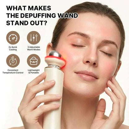 Facial Lifting Skin handheld beauty massager with beige body and silver cooling head used on woman&