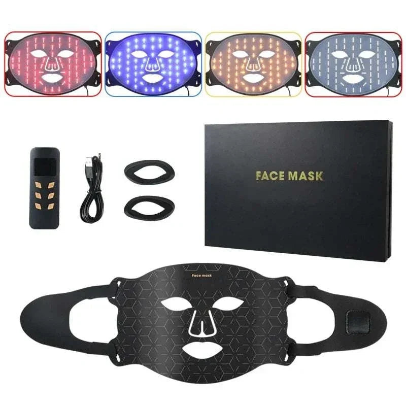 LED Face Mask with black flexible plastic frame, multiple LED light modes in red, blue, and yellow, remote control, USB cable, and protective box