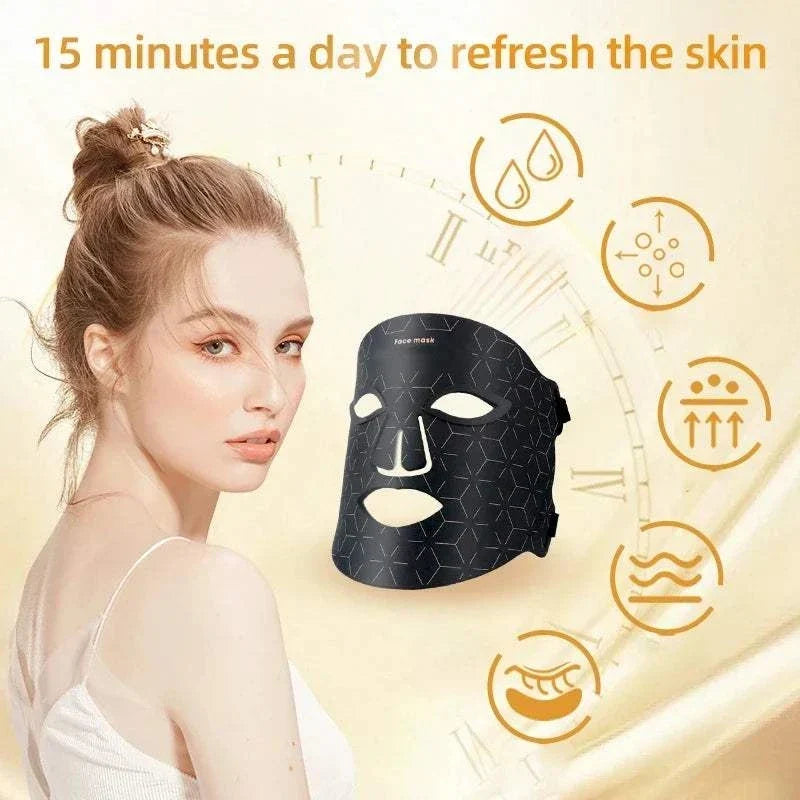 LED Face Mask in black with geometric pattern and adjustable strap displayed beside a woman with fair skin and blonde hair