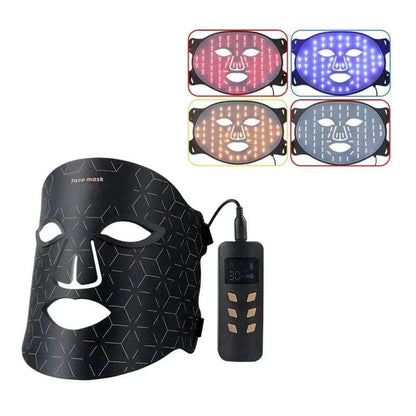LED Face Mask in black with geometric pattern, featuring a connected remote control and multiple LED light therapy modes in red, blue, yellow, and white.