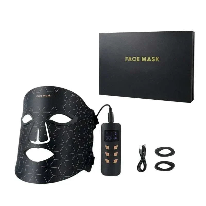 LED Face Mask in black with geometric pattern, adjustable strap, digital controller, USB cable, and black gift box