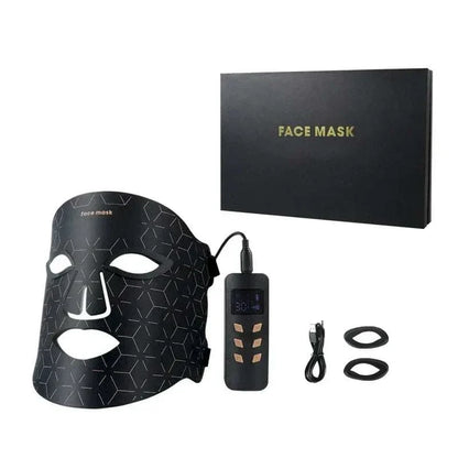 LED Face Mask in black with geometric pattern, adjustable strap, digital controller, USB cable, and black gift box