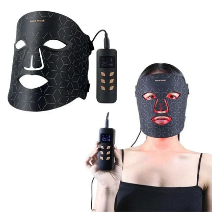 LED Face Mask in black with geometric pattern and multiple LED lights, handheld black remote control shown and worn on model&