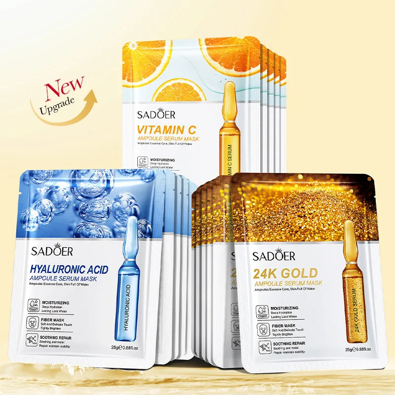 5/10pcs SADOER 24K Gold Vitamin C Hyaluronic Acid Face Mask Facial Moisturizing Firming Hydrating Facial Masks Skin Care
