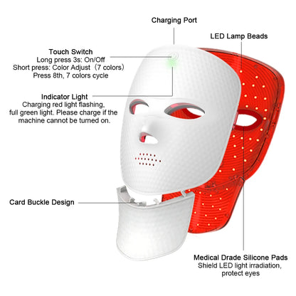 2 In 1 Facial LED Mask with Neck 7 Colors LED Face Mask Skin Care Facial Neck Beauty Mask Home Use Beauty Machine