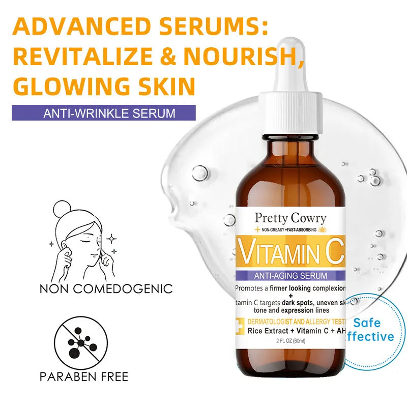 Vitamin C Anti-Wrinkle Serum Fades dark spots Evens skin tone Reduces fine lines 60ml non greasy Fast absorbing facial serum