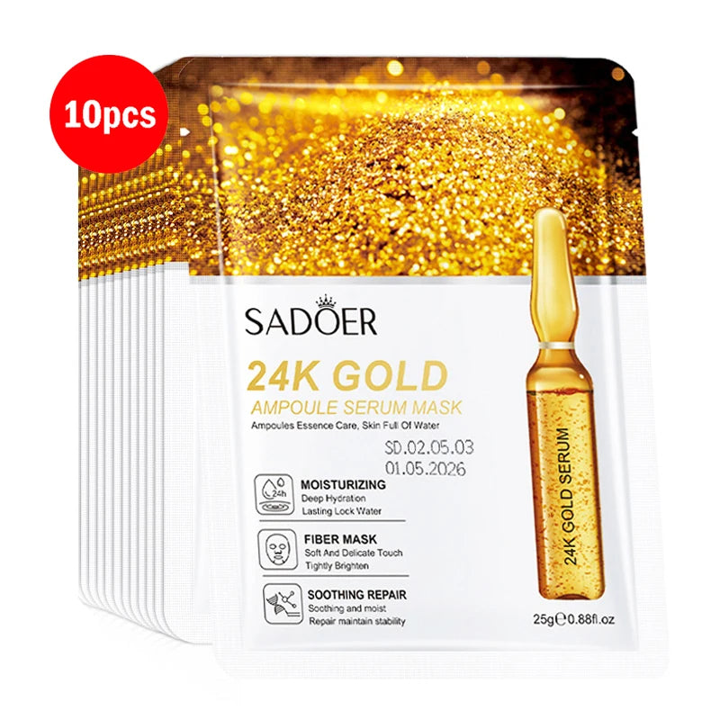 5/10pcs SADOER 24K Gold Vitamin C Hyaluronic Acid Face Mask Facial Moisturizing Firming Hydrating Facial Masks Skin Care