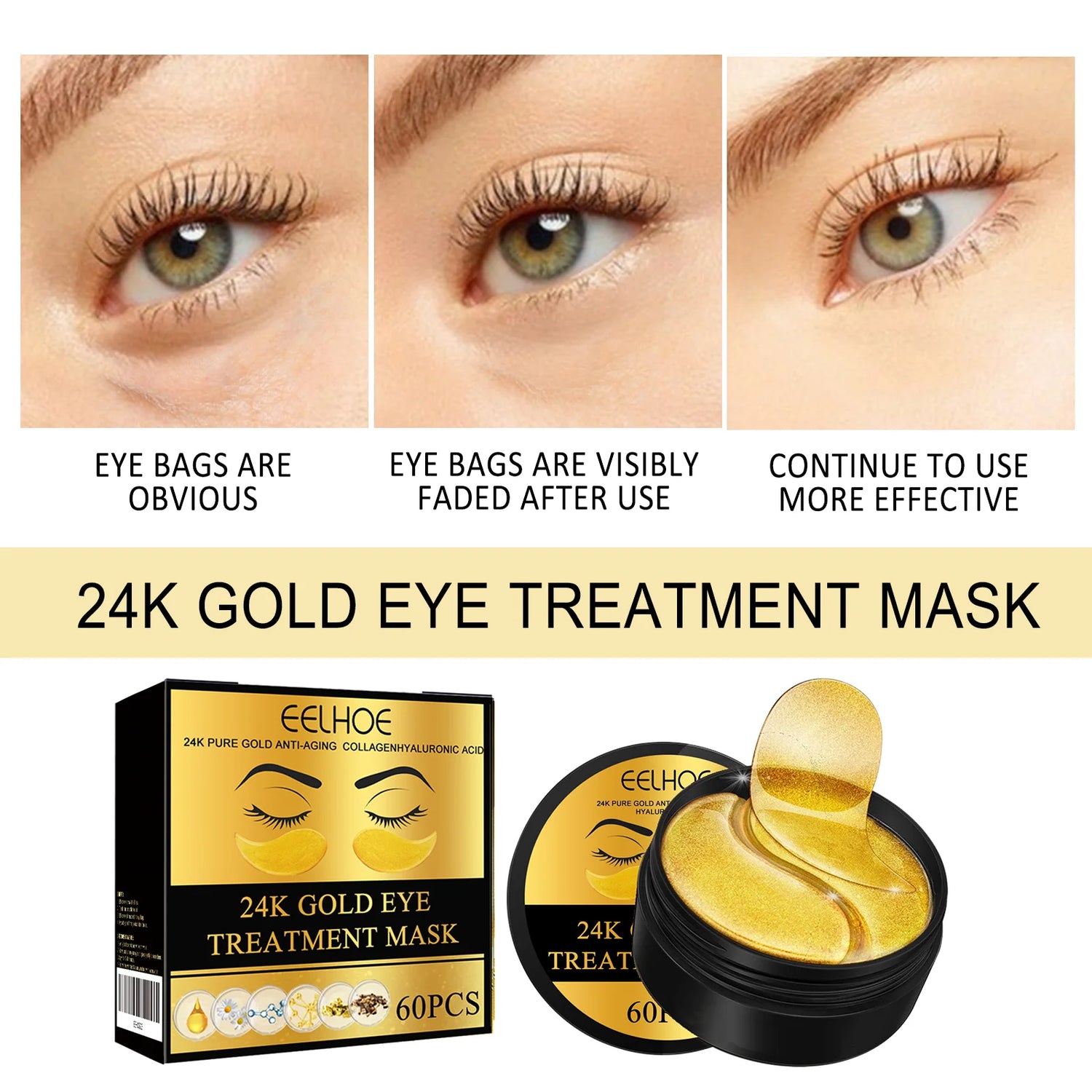 EELHOE 24k Gold Under Eye Patches 60 Pcs Eye Mask Pure Gold Anti-Aging Collagen Hyaluronic Acid Under Eye Mask