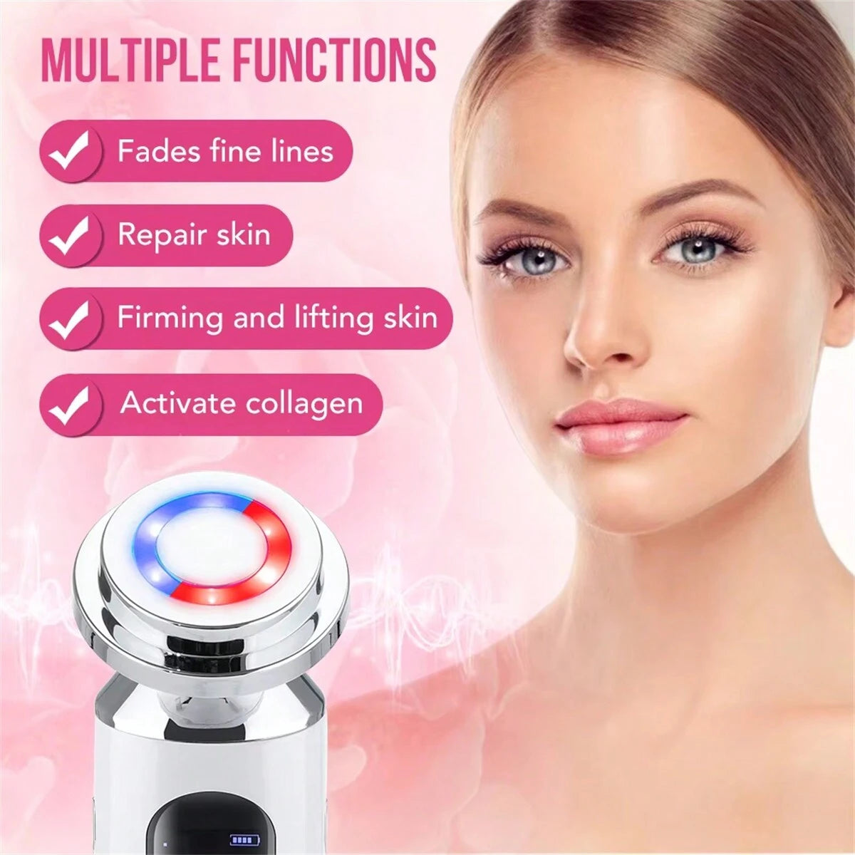Ultrasonic RF Beauty Device with Red-Blue LED Photon Therapy Microcurrent Facial Massager&amp;Ion Cleansing,Anti-Aging SkincareTools