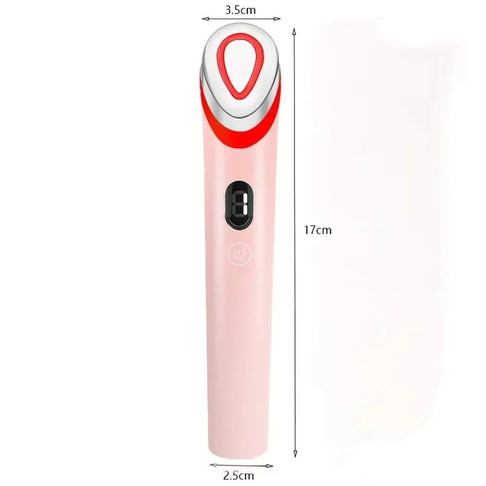 Age-R Booster Pro anti-wrinkle facial massager device in pink and white with red accents and digital display for skincare