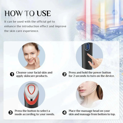 Instructional guide for Age-R Booster Pro showing steps to cleanse skin, power device, select mode, and massage face