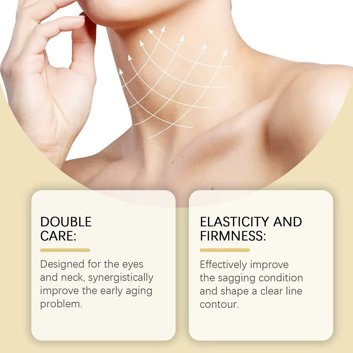 AH-8 Firming Neck Cream for neck and eye care, shown with skin and upward arrows highlighting firming support