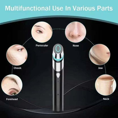 Anti-aging device with a slim black and silver metal body, turquoise LED ring and rounded facial treatment head