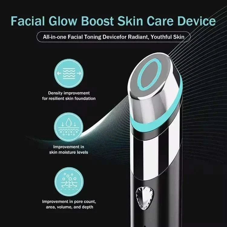 Anti-aging device with a black and silver handheld body, turquoise LED ring, and a heart-shaped control button