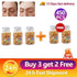 Brightening Anti Aging Serum shown as amber gel capsules in clear jars, with a before-and-after eye area and five jars promoted