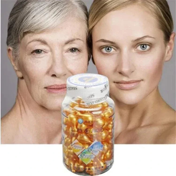Brightening Anti Aging Serum in a clear bottle of amber-gold capsules, shown beside portraits of two women