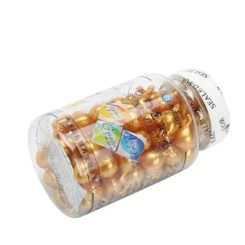 Brightening Anti Aging Serum in a clear plastic jar filled with gold gel capsules and printed skincare labels