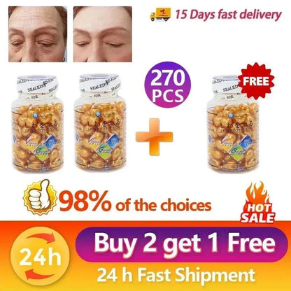 Brightening Anti Aging Serum shown as gold softgel capsules in three clear sealed jars, promoted as 270 pieces