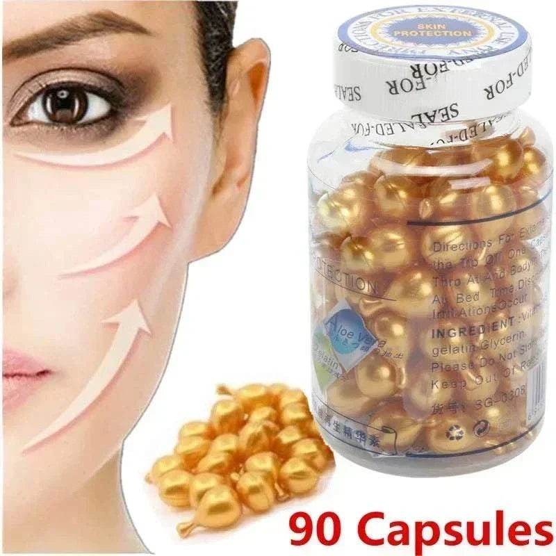 Brightening Anti Aging Serum in a clear bottle of golden capsules, with a 90-capsule label and facial lifting graphic