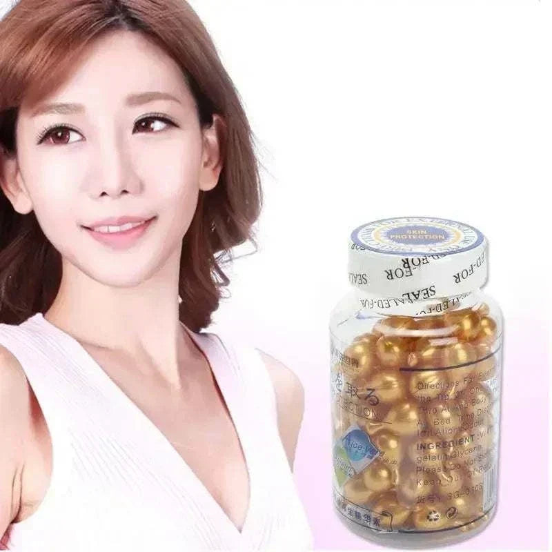 Brightening Anti Aging Serum in a clear jar of golden gel capsules, with a white printed lid and visible label
