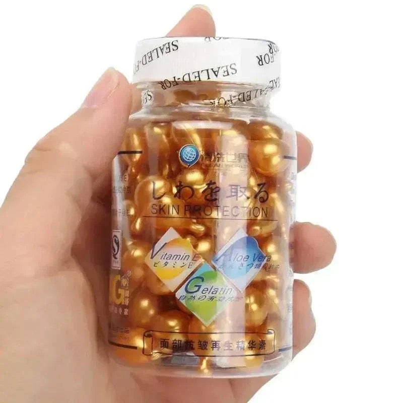 Brightening Anti Aging Serum in a clear bottle of golden gel capsules, with Vitamin E and Aloe Vera labels