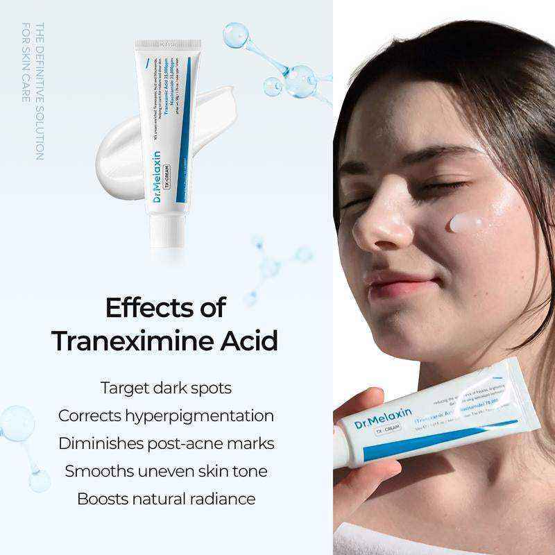 Brightening Nourishing Cream shown as a white skincare tube with blue lettering, beside a model with cream on her cheek