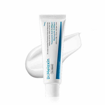 Brightening Nourishing Cream in a white tube with blue accents, shown with a smooth white cream swatch
