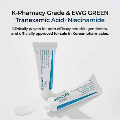 Brightening Nourishing Cream in white tubes with blue and teal labeling, featuring tranexamic acid and niacinamide