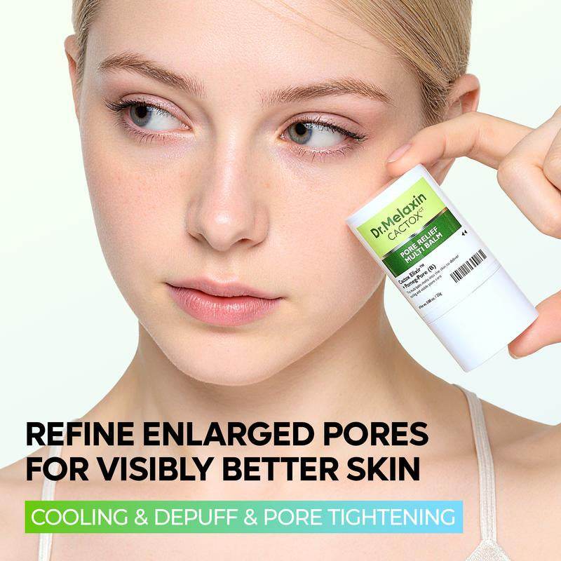 CACTOX PORE RELIEF MULTI BALM skincare stick in a white tube with a green label, held beside a woman&