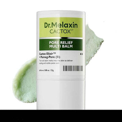 CACTOX PORE RELIEF MULTI BALM in a white skincare stick with a green label and pale green balm swatches