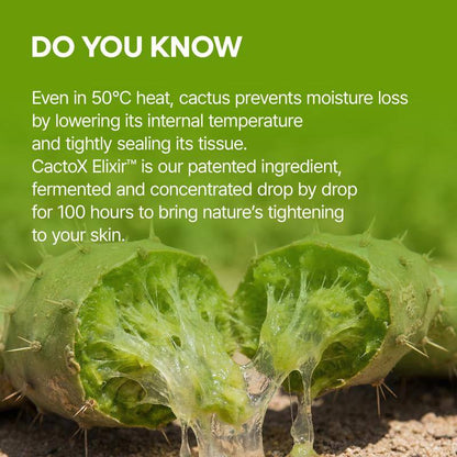 Cactus skincare graphic with two cut cactus pads and clear gel, highlighting moisture retention and skin tightening