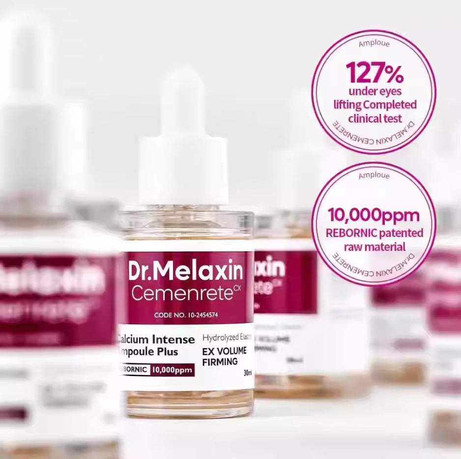 Calcium Intense Ampoule Firming Cream in a clear dropper bottle with a white pipette and magenta label