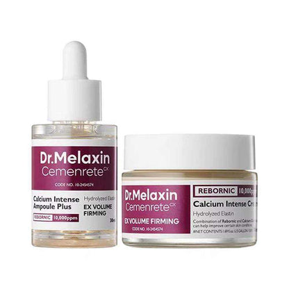 Calcium Intense Ampoule Firming Cream set with clear dropper bottle and white-lidded jar, burgundy and white labels