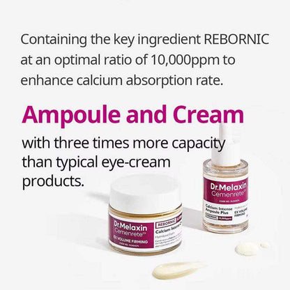 Calcium Intense Ampoule Firming Cream set with white-lidded cream jar and matching ampoule bottles in clear packaging